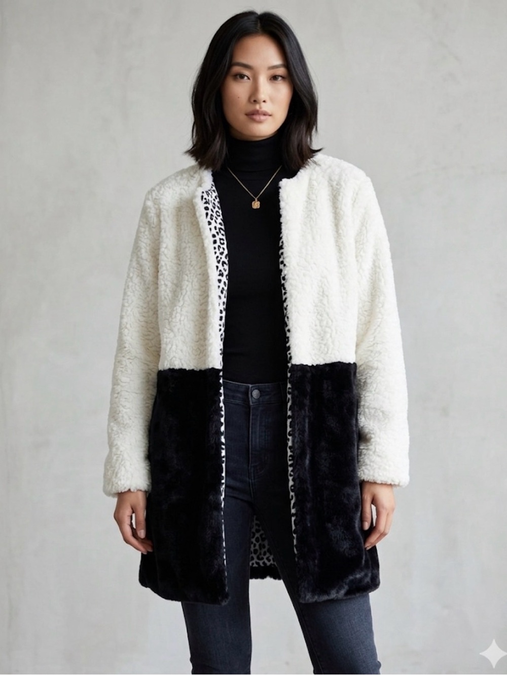 Fever Two-Tone Faux Fur Coat - White and Black size XL NWT